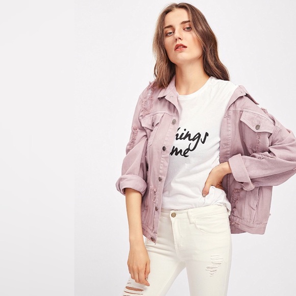 💥 SALE Distressed Blush Denim Boyfriend Jacket - Picture 4 of 6